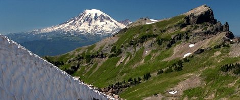 Mt Rainier rises behind Johnson Point as seen from the Hawkeye Point trail in the Goat Rocks Wilderness