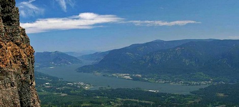 The cliff face of Table Mountain with the Columbia River Gorge in the distance