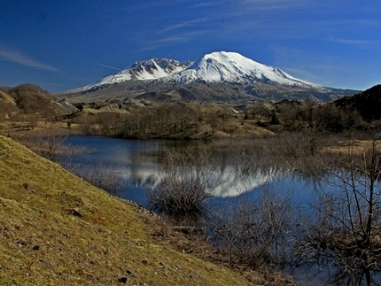 View of Mt St Helens from a pond near the Hummocks trail